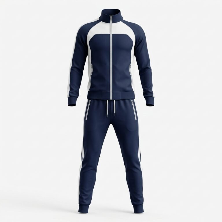 Front view of a men's navy blue tracksuit with white panel stripes, featuring a full-zip jacket and slim-fit jogger pants.