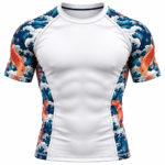 White short sleeve rash guard with custom Japanese wave and koi fish design