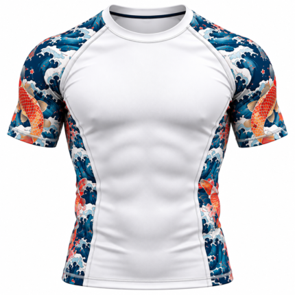 White short sleeve rash guard with custom Japanese wave and koi fish design