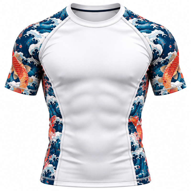 White short sleeve rash guard with custom Japanese wave and koi fish design